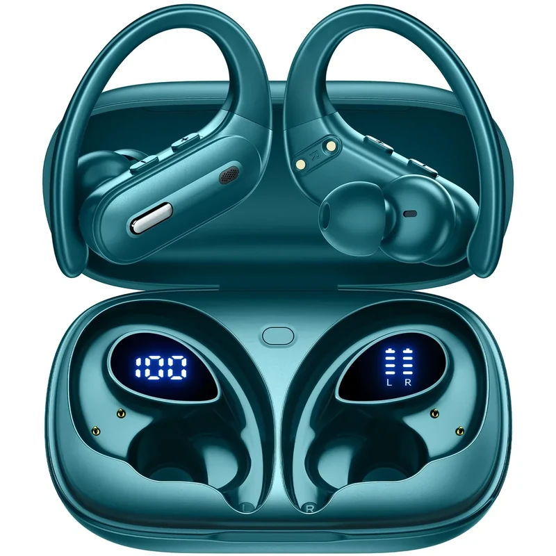 Wireless Earbuds Bluetooth 5.3 Headphones 90 Hrs Playtime Ear buds with Wireless Charging Case Power Display Over-ear Earphones with Earhooks Waterproof Stereo Headset for Android phone Workout Green