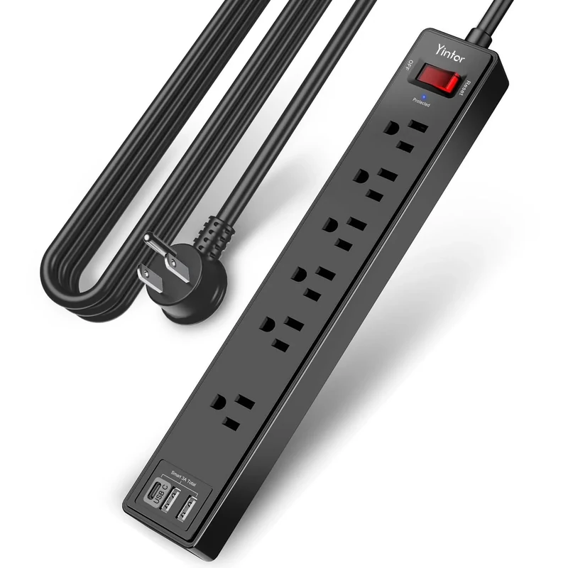 Yintar 10 Ft Power Strip Protector - 6 Outlets, 3 USB, 1680J, ETL