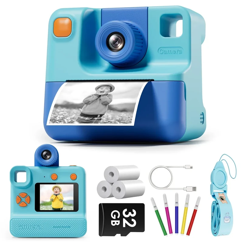 LETSHAHA Kids Instant Camera - 24MP, 1080P, 32GB SD, 3 Rolls - Blue