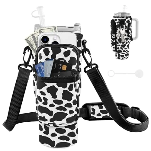 JEBEALUO Water Bottle Carrier Bag with Phone Pocket for Stanley Cup 40/30 oz, Water Bottle Holder with Adjustable Strap& Straw Cover, Stanley Cup Accessories (Cow)