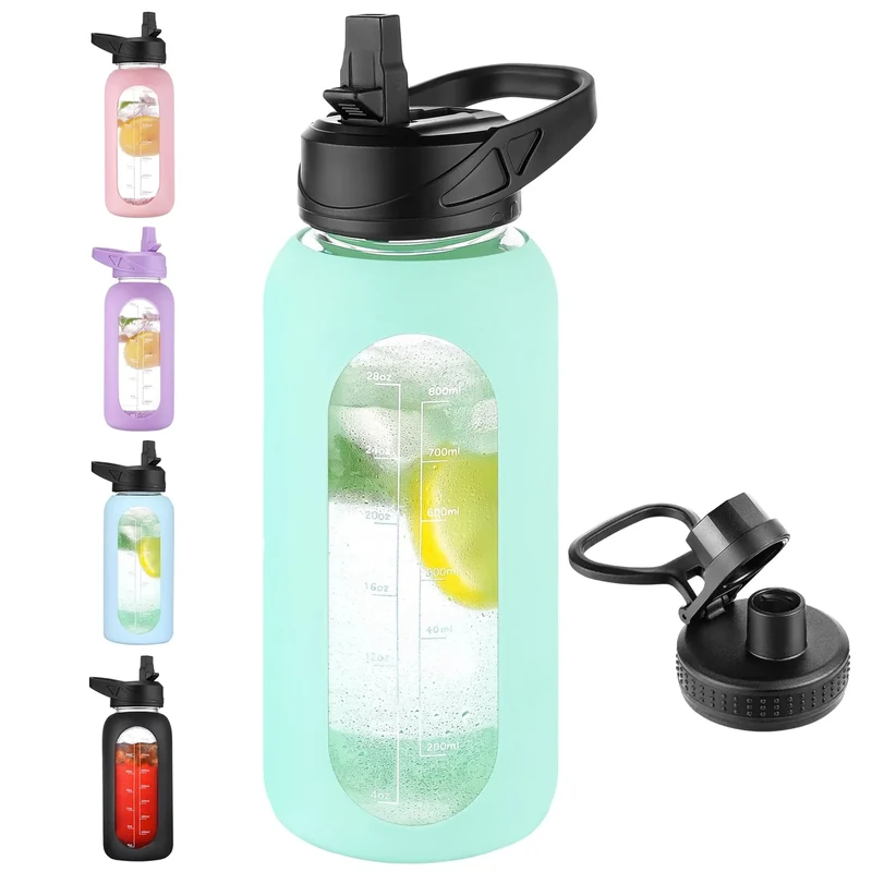 EALGRO 32 oz Glass Water Bottle with Straw and Handle, Sports Motivational Water Flask with Silicone Sleeve, Large Leakproof Water Flask Cup with Time Marker for Travel, Gym, Seafoam