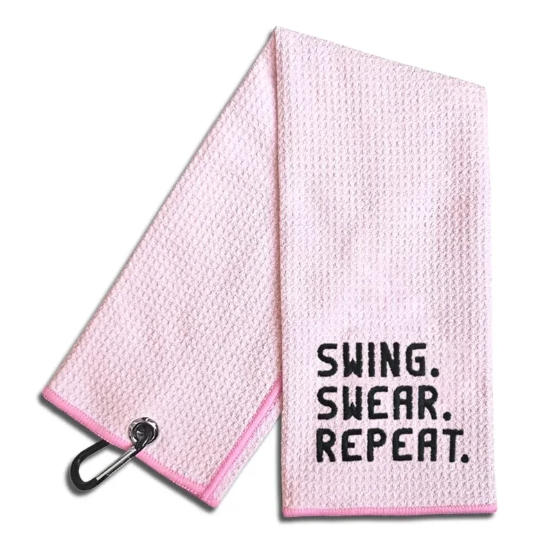WUUCKOO Swing Swear Repeat Embroidered Pink Golf Towel, Funny Towels for Golf Bags with Clip, Mother Day Retirement Birthday Gifts for Grandma Mom Sister Aunt Golfer Sport Lover, Ladies Golf Towel