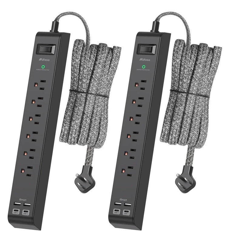 Mifaso 2-Pack 10FT Surge Protector - 6 Outlets, 4 USB Ports, Flat Plug