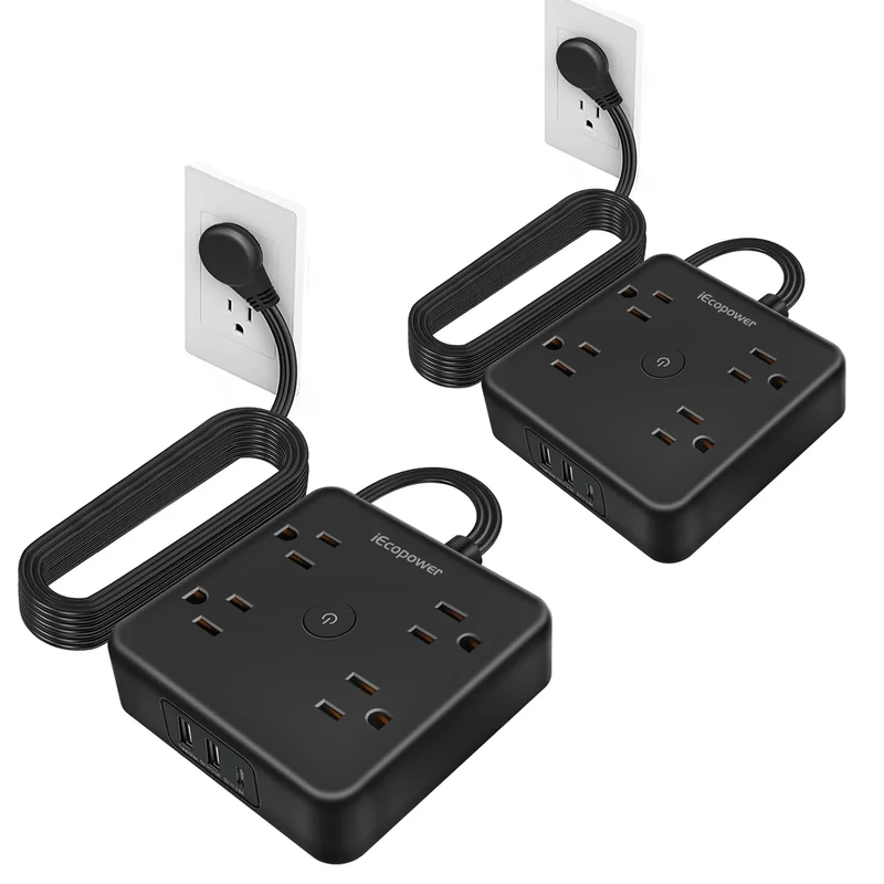 IECOPOWER 15ft Surge Protector -4 Outlets, 3 USB (1 USB-C) Slim 2-Pack