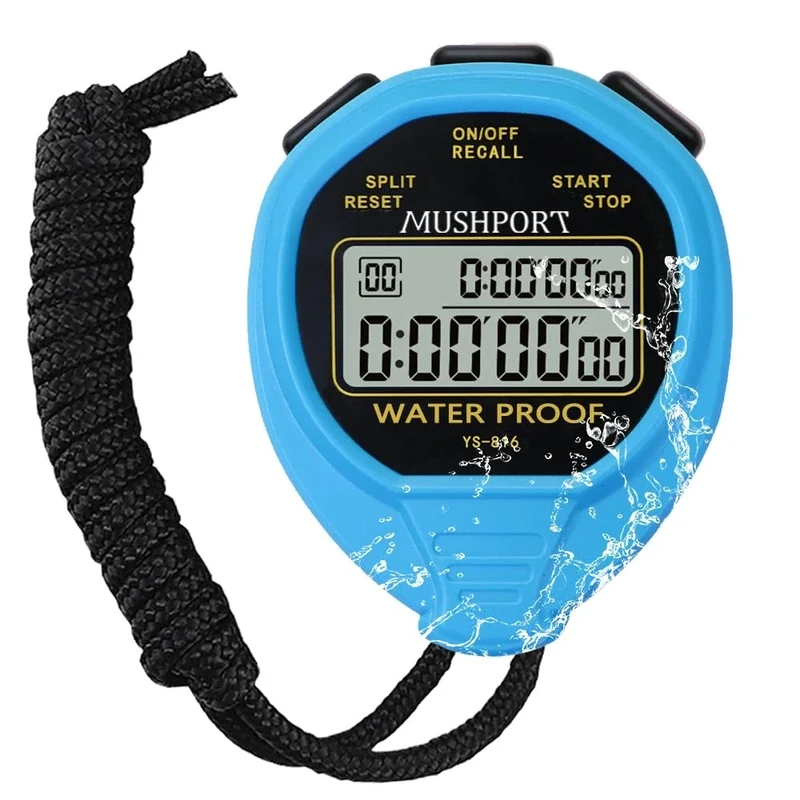 MUSHPORT Waterproof Stopwatch Timer 30 Laps/Splits Only Stopwatch Mode, ON/Off Silent Memory Recall Large Display Simple Operation, Digital Stop Watch for Sports Coaches, Blue
