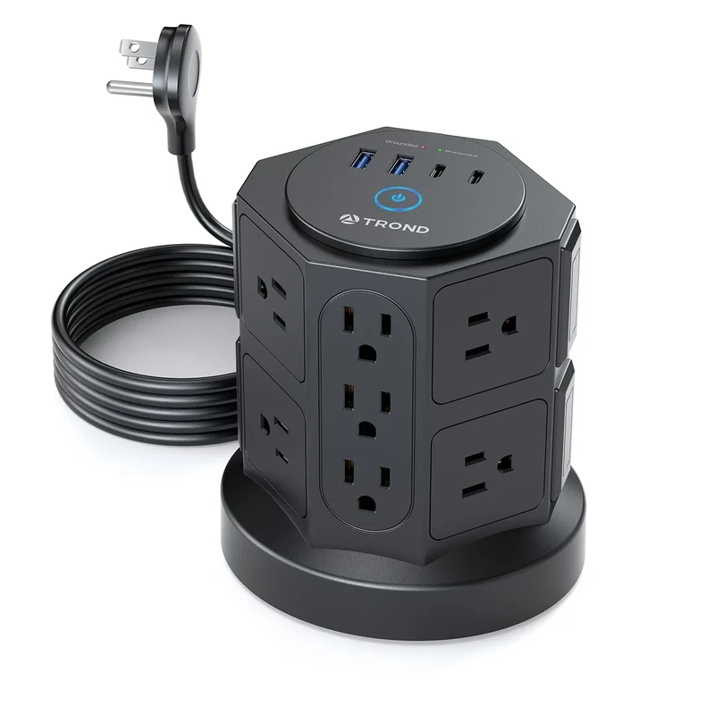 TROND Tower Surge Protector Power Strip with USB, 14 Widely Spaced Outlets, 2-USB C and 2 USB-A, 2100J Surge Protection, 10 Ft Extension Cord with Multiple Outlets Home, Office, Dorm Essentials Black