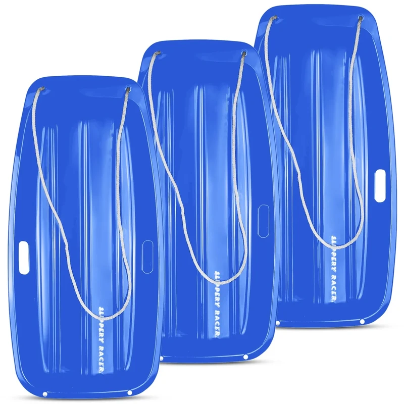 Slippery Racer Downhill Sprinter Flexible Kids Toddler Plastic Cold-Resistant Toboggan Snow Sled with Pull Rope and Handles -35 Inch (Blue, 3 Pack)