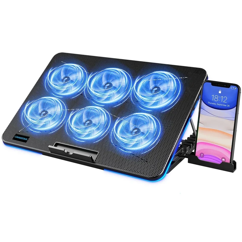 LIANGSTAR Laptop Cooling Pad, Laptop Cooler with 6 Quiet Fans for 12-17 Inch Notebook Gaming Fan Stable Stand, 7 Height & Wind Speed Adjustable, Blue LED Light can Turned Off，2 USB Port & Phone Holder