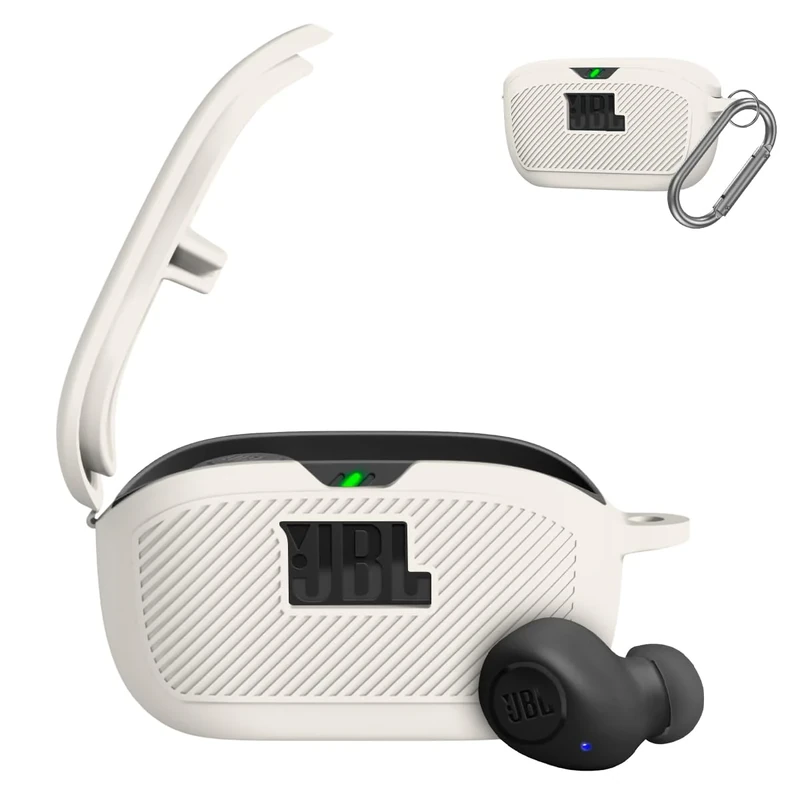 WADVCU for JBL Vibe Buds Case Cover, Silicone Protective Portable Scratch Shock Resistant Logo Visible Design Cover Compatible with JBL Vibe Buds Headphones Charging Case with Carabiner-Apricot