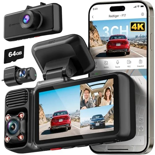 REDTIGER F17 4K 3-Channel Dash Cam - 5GHz WiFi, GPS, 64GB, 3" Screen