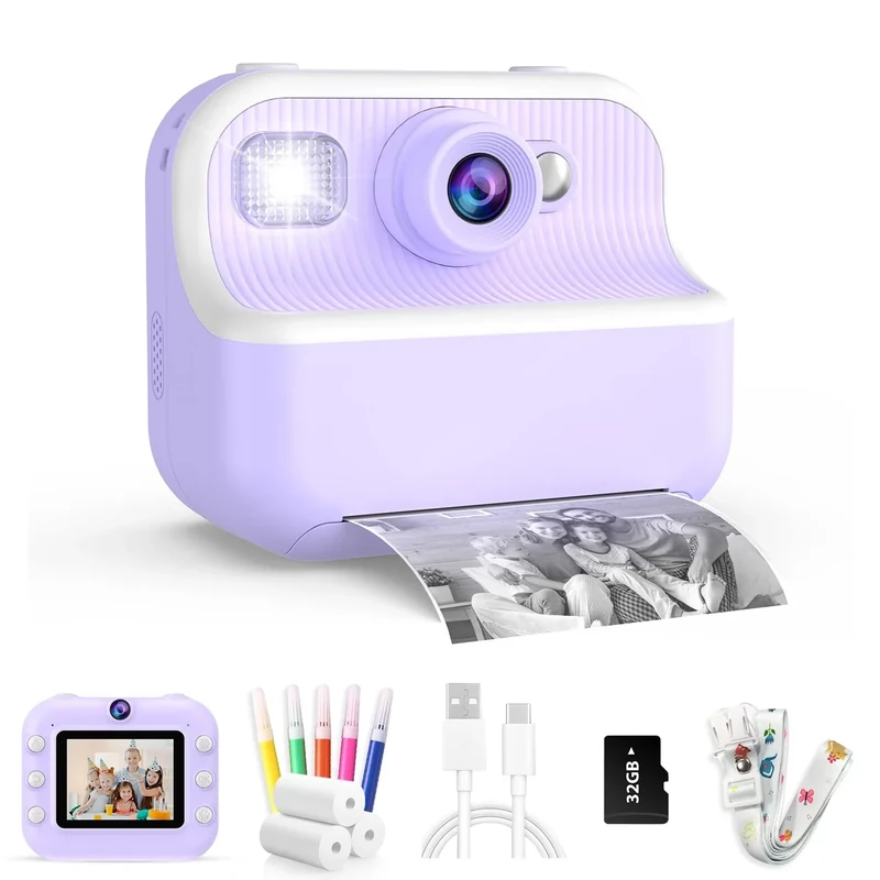 TOZDTO Kids Camera Instant Print, Christmas Birthday Gifts Toys for Girls & Boys Ages 3-12, Digital Selfie Portable Camera with 1080P HD Dual Lens, 3 Rolls Print Paper & 32GB Card (Purple)