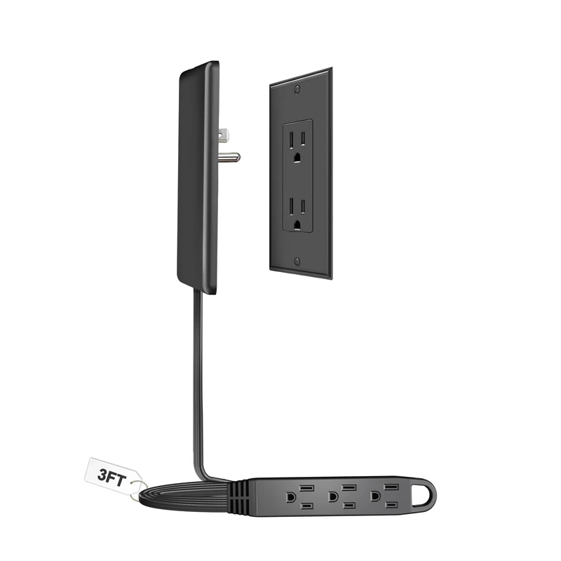CABOCASA Ultra Flat 3FT Power Strip - 3 Outlets, Cover, Black