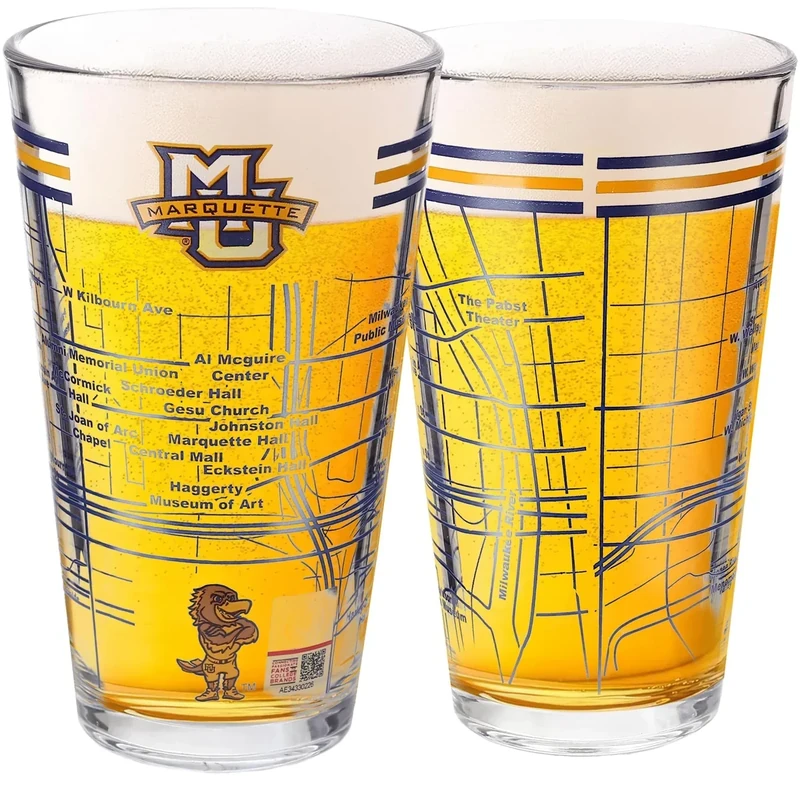 Greenline Goods – University of Marquette Golden Eagles College Pint Beer Glasses (Set of 2), 16 oz – Full-Color Logo + Campus Map