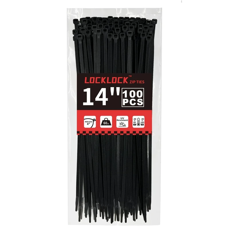 LOCKLOCK 14" Zip Ties 100 Pack - 60lb Heavy Duty Black UV Cable Ties
