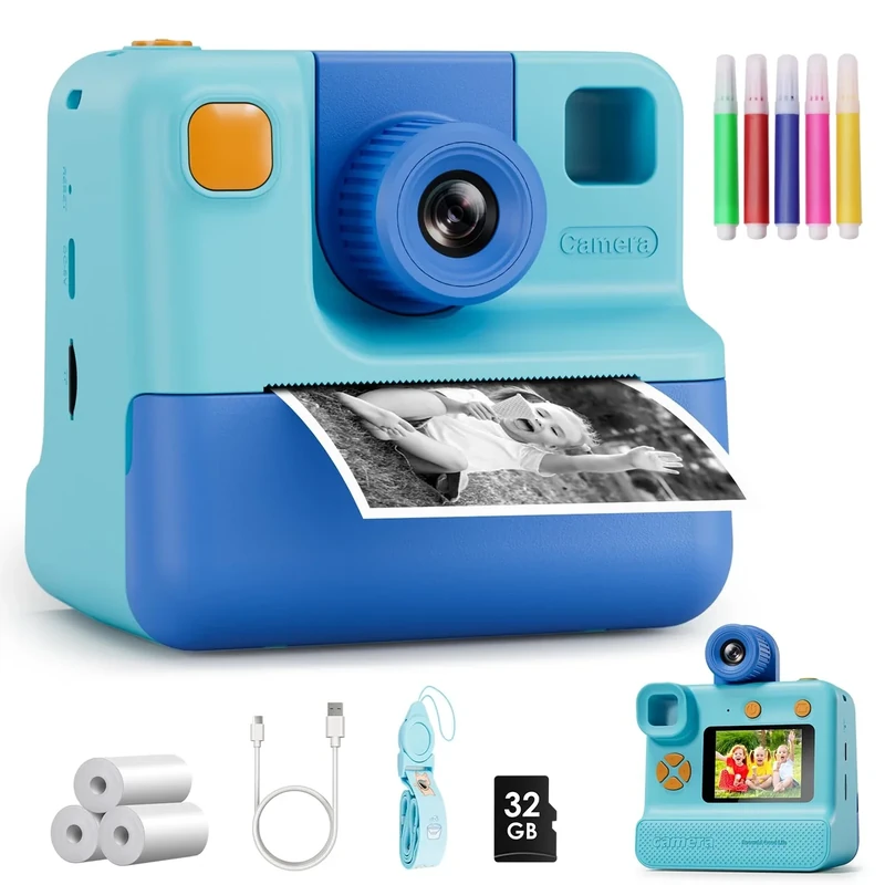 GREENKINDER Kids Camera - 32GB Card, 3 Rolls Paper, Selfie, Blue