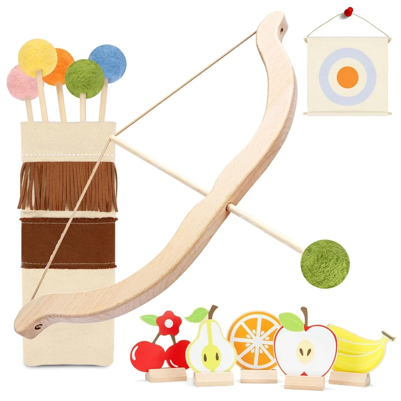 Tislly Wooden Kids Bow and Arrow Set - Safe for Ages 3+, Indoor & Outdoor Archery Gift Toys for Children, Boys & Girls, Includes 5 Arrows, 5 Fruit Targets, 1 Cotton Quiver
