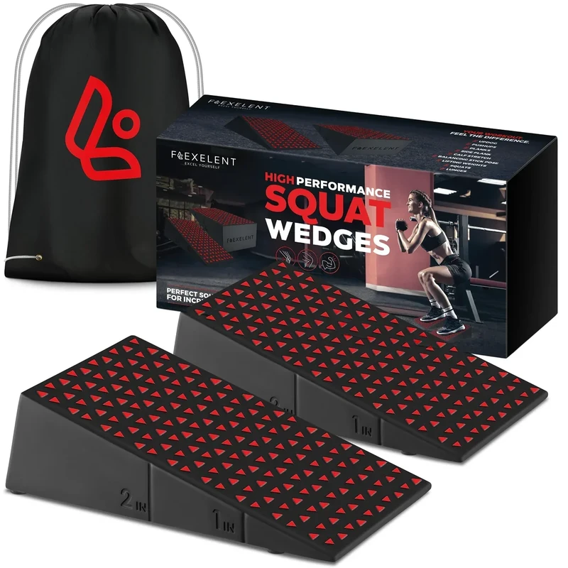 Flexelent Squat Wedge Block Pair - Heel Elevated Squat Wedge for Deeper Squats, Heavy Lifting and Better Form - 17° Angle Exercise Wedges, Slant Board for Squats with Carry Backpack - Blaze Red