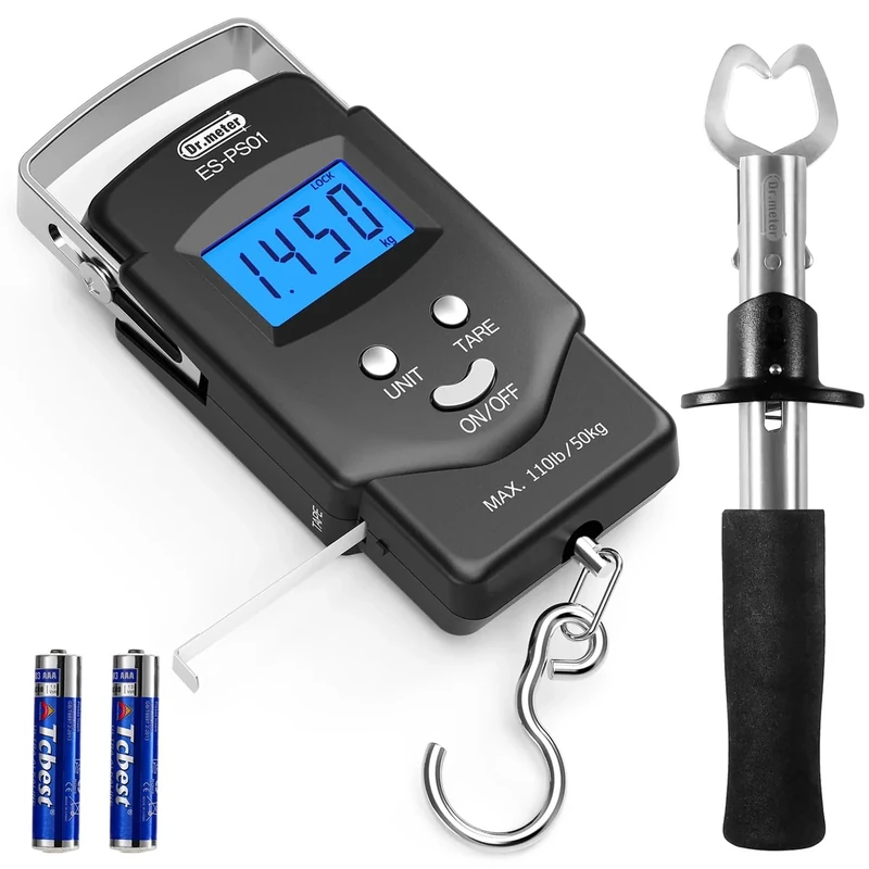 Dr.meter PS01 Fish Scale with Fish Lip Gripper - 110lb/50kg Backlit LCD Display Digital Weight Scale with Built-in Measuring Tape - Stainless Steel Fish Holder Tool Set, Fishing Gifts for Men