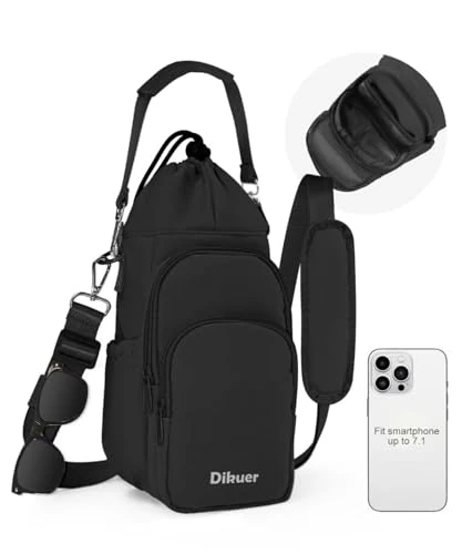 Dikuer Water Bottle Holder with Strap, 4 Big Pockets with Compartment, 24oz/32oz/40oz Crossbody Water Bottle Carrier Bag with Adjustable Shoulder, Deep black