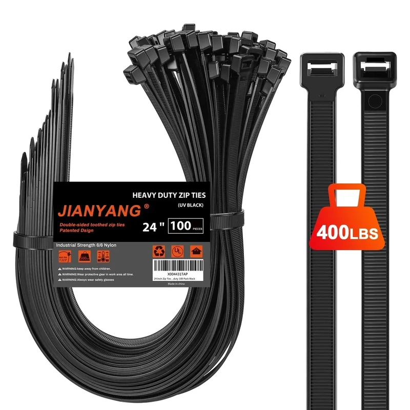 JIANYANG 24in Duty Zip Ties - 400lb, Double-Sided, 100 Pack Black
