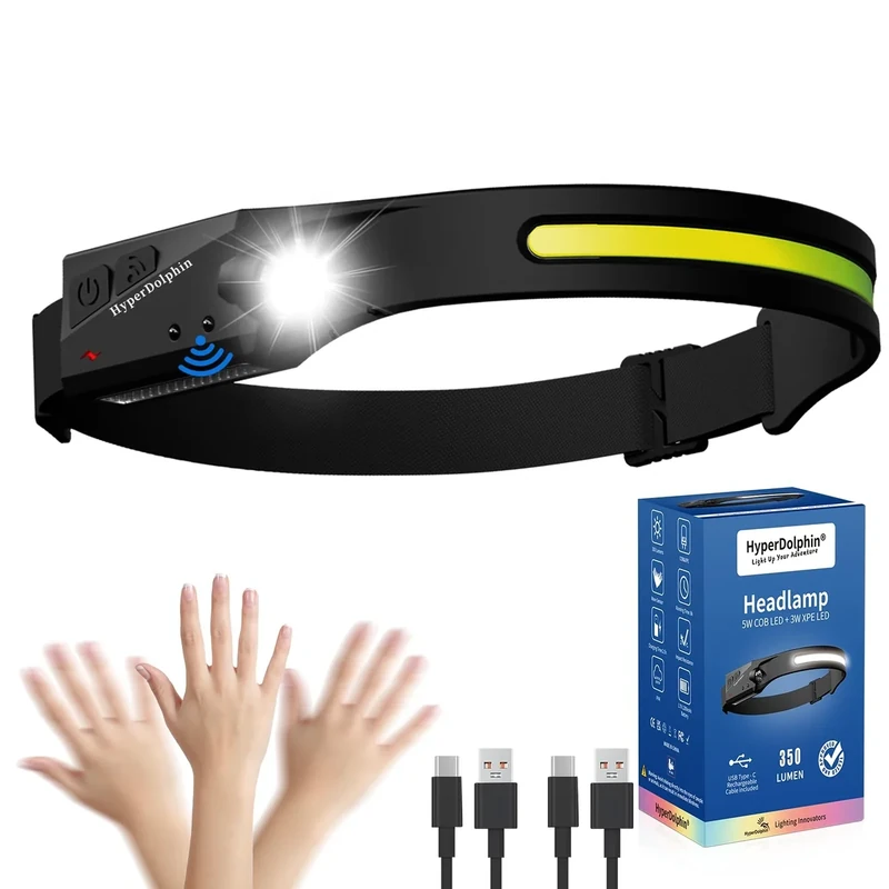 HyperDolphin Headlamp Rechargeable, LED Waterproof Headlight for Adults, 230° Headband Light Forehead, USB Head lamp Band, 350 Lumen Super Bright, 5 Modes, Comfortable for Running,Fishing,Hiking