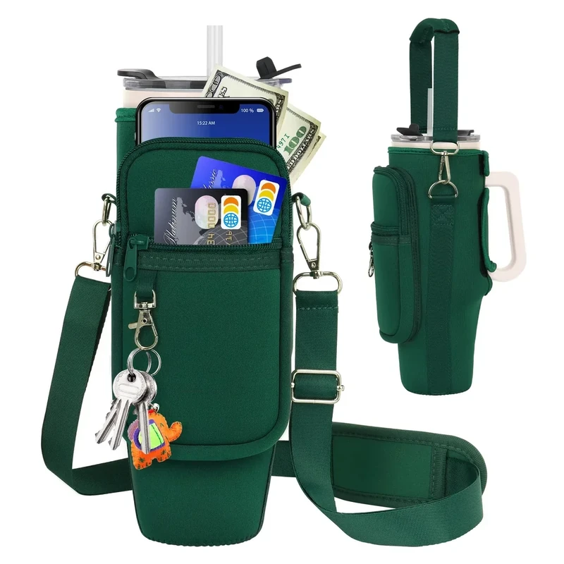 Water Bottle Carrier Bag with Phone Pocket Compatible with Stanley/Meoky 40 oz Tumbler with Handle,Neoprene Water Bottle Holder Pouch with Adjustable Strap Compatible with Stanley Cup Accessories