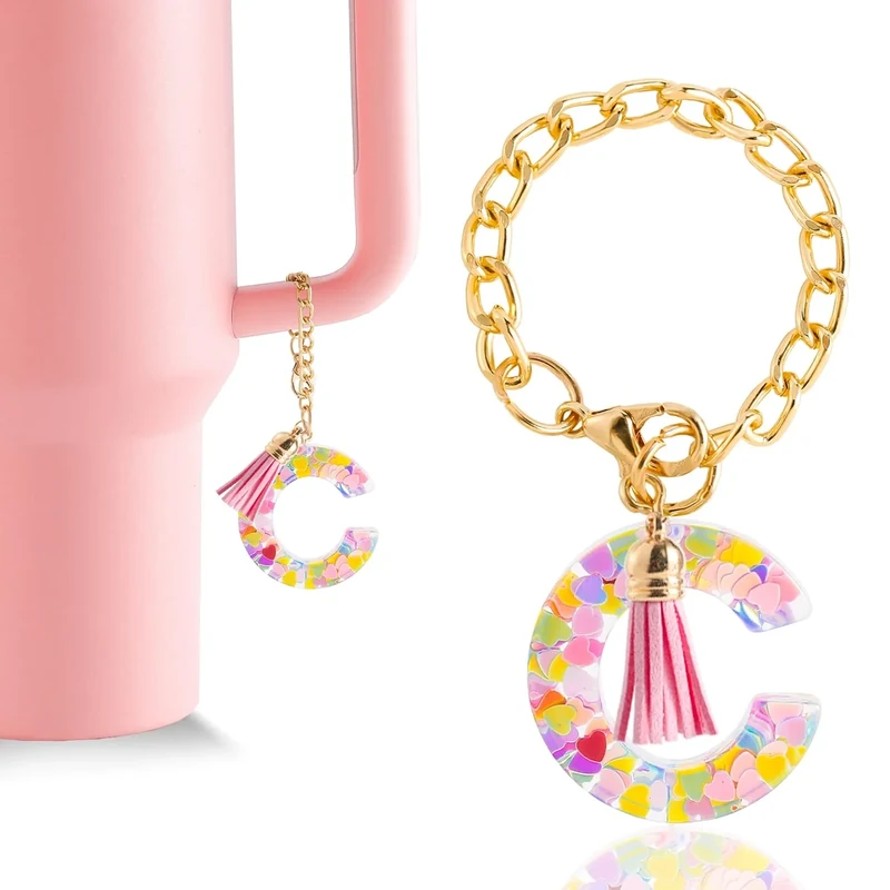 Letter Charm Accessories for Stanley Cup 1 PCS Cute Initial Keychain Handle Charm for Stanley Tumbler for Women Pink Letter C