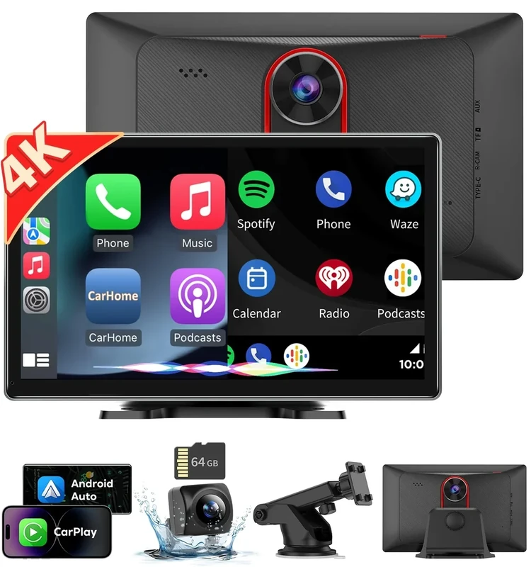 PLZ 9" Wireless CarPlay Screen - 4K Dash Cam, Bluetooth FM, 1080P Backup