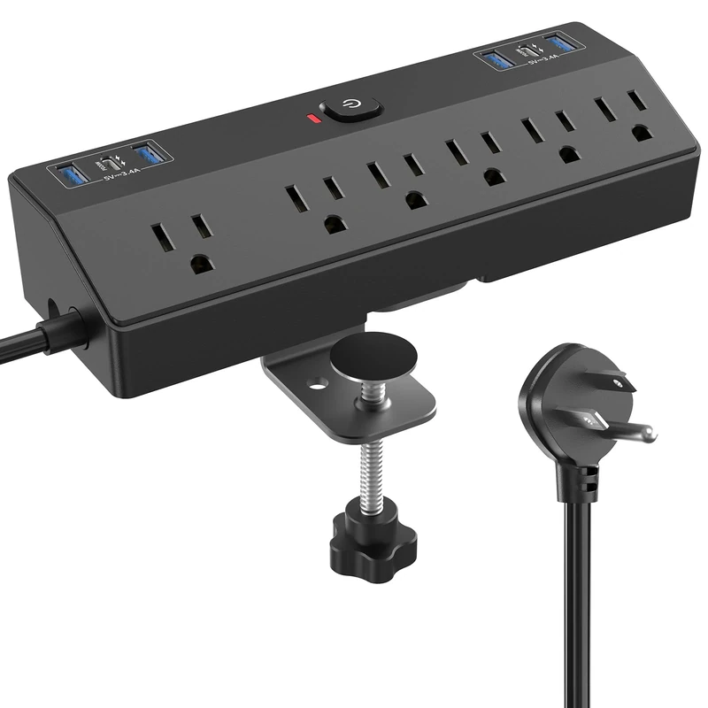 JXGUCAT Desk Clamp Power Strip - 6 Outlets, 2 USB-C, 40W Fast Charge