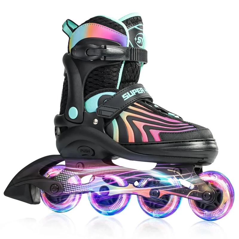 SUPER YOUNGSTER Girls Inline Skates for Boys Kids Ages 4-12, Adjustable Light Up Roller Skates for Youth Teens Ages 8-12, Beginner Blades for Women Adults