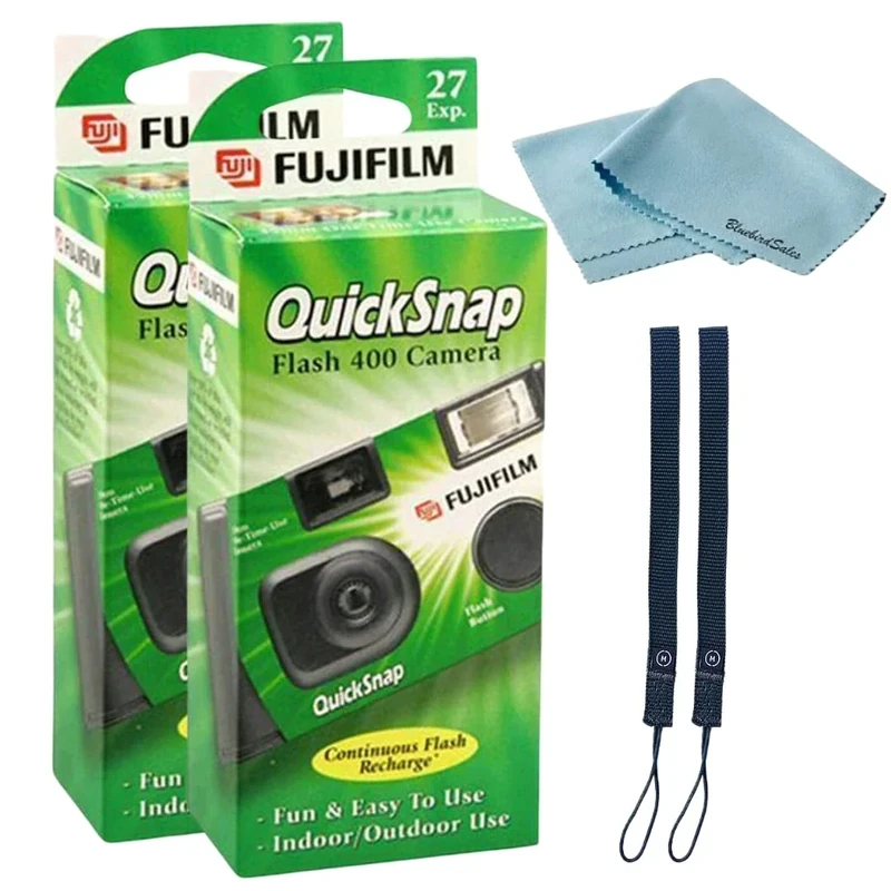 Fujifilm QuickSnap Flash 400 35mm Camera - 2 Pack + Straps & Cloth