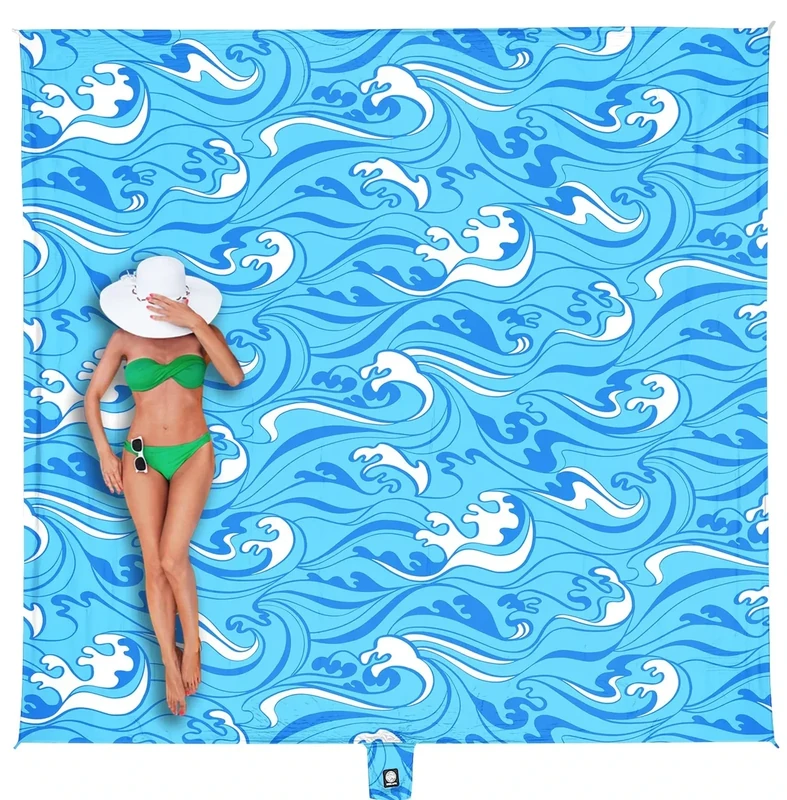 WEKAPO Beach Blanket Waterproof Sandproof Oversized Extra Large Sand Free Beach Mat with Stakes, Storage Bag - Essentials for Outdoor Beach, Picnic (Blue Ocean Waves, 9 X 8 FT (1~6 Person))