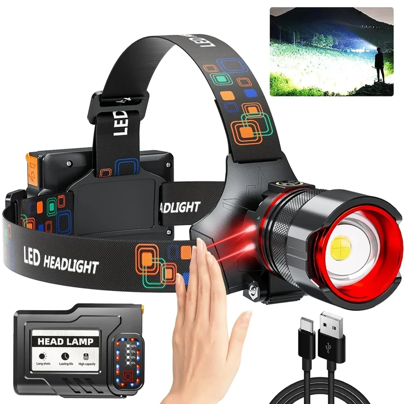 YUSEUB Rechargeable Headlamp 99000 High Lumens, Super Bright LED Head Lamp with Motion Sensor, 12 Modes, IPX7 Waterproof, 125° Adjustable, Zoomable Headlight for Adults, Camping, Cycling, Running