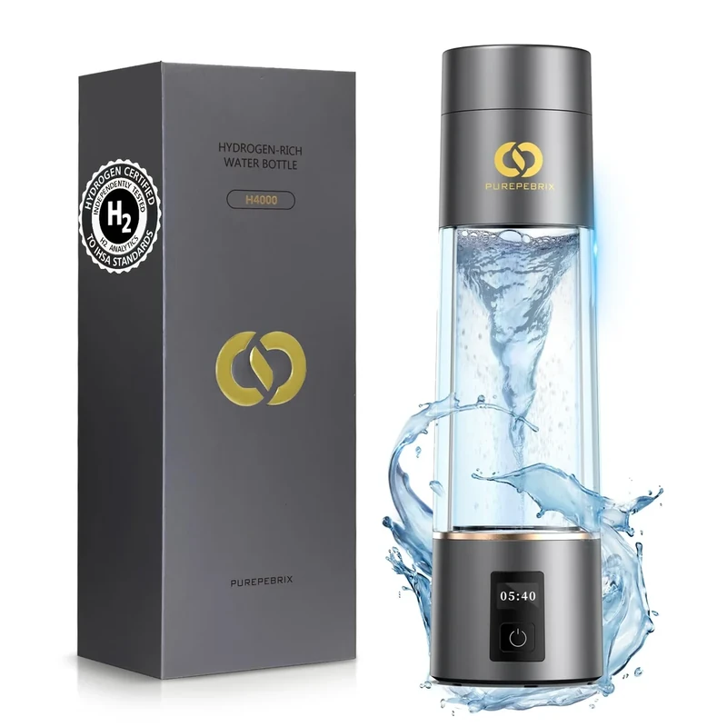 PUREPEBRIX Hydrogen Water Bottle Generator - Up to 6400 PPB & 12-Hour Hydrogen Retention - H2 Certified SPE/PEM Tech - Portable, Recovery & Thoughtful Wellness Gift (Grey)
