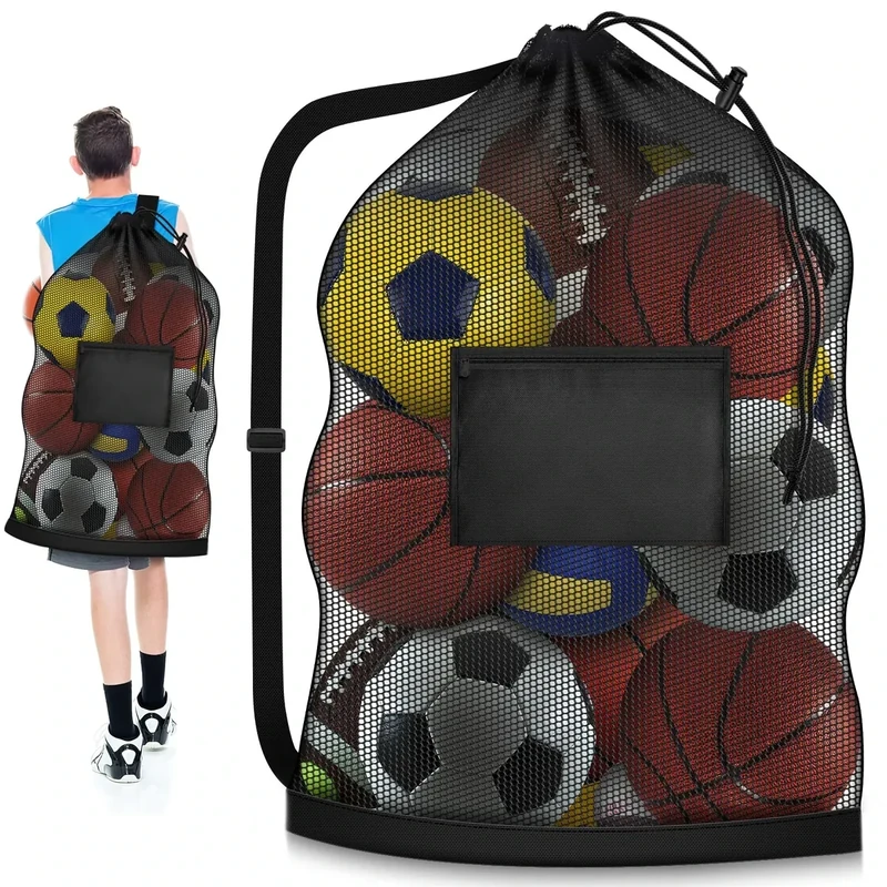 Hoiny Extra Large Soccer Ball Bag, 40" x 30" Drawstring Mesh Ball Bag with Pocket, Heavy Duty Sport Net Sack for Coaches, Storage Bag for Basketball, Volleyball, Gym Equipment, Swimming Gear (1)