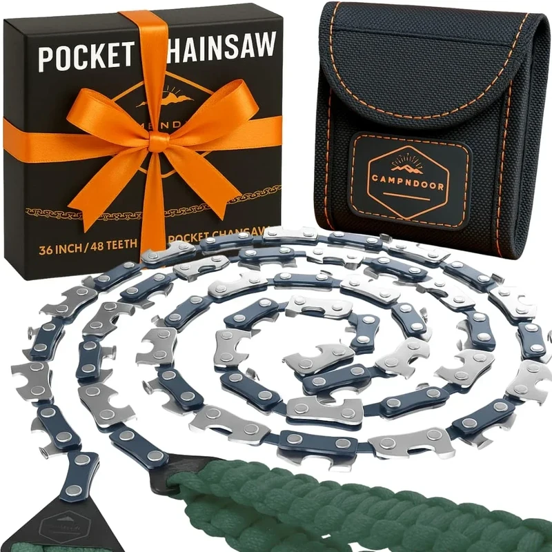 Pocket Chainsaw with Paracord Handles - Army Green 65Mn Heavy Duty Steel Pocket Saw - 48 Teeth Survival Saw - Handy Camping Gear - CAMPNDOOR Bushcraft Survival Gear and Supplies