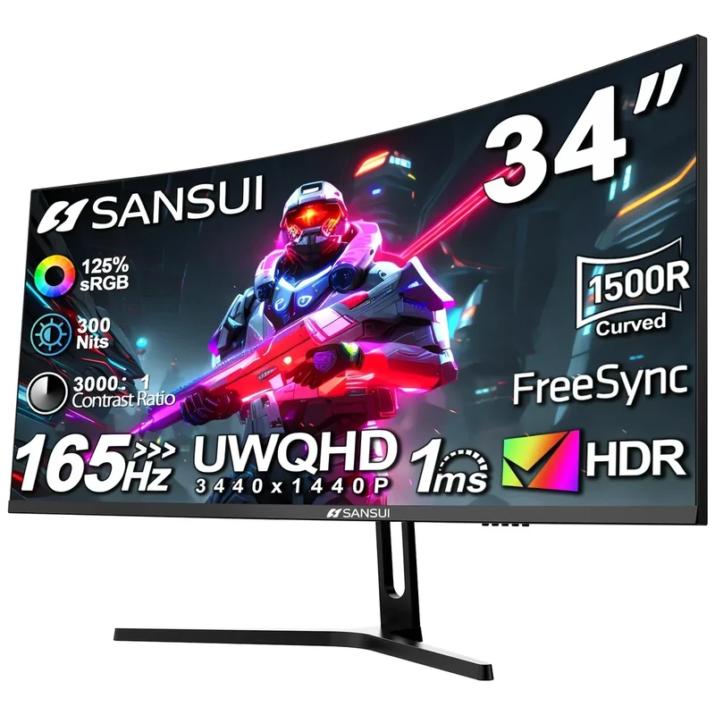 SANSUI 34-Inch Curved UWQHD Gaming Monitor - 165Hz, 1ms, FreeSync