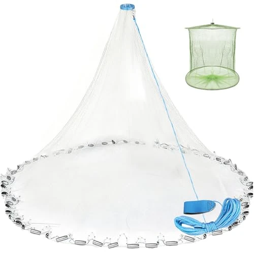 Yeahmart Handmade American Saltwater Fishing Cast Net with Heavy Duty Real Zinc Sinker Weights for Bait Trap Fish 10Ft Radius, 3/8 Inch Mesh Size