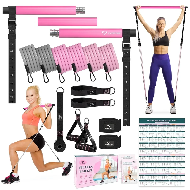 Pilates Bar Kit with Resistance Bands, Multifunctional Yoga Pilates Bar with Heavy-Duty Metal Adjustment Buckle, Portable Home Gym Pilates Resistance Bar Kit for Women Full Body Workouts -Rose