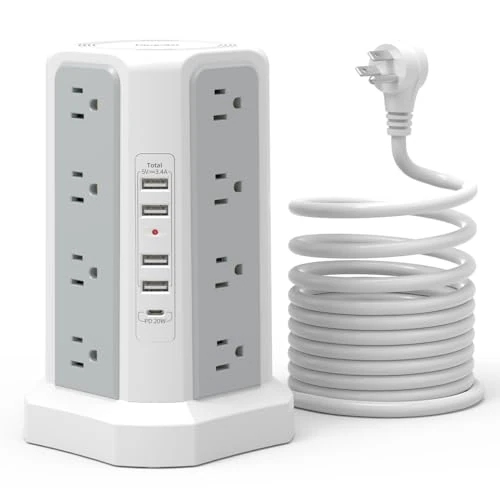 PD 20W USB C Power Strip Surge Protector Tower with 16 Outlets and 5 USB Ports, 6FT Extension Cord with Multiple Outlets, Fararaka Charging Station Home Office Essentials