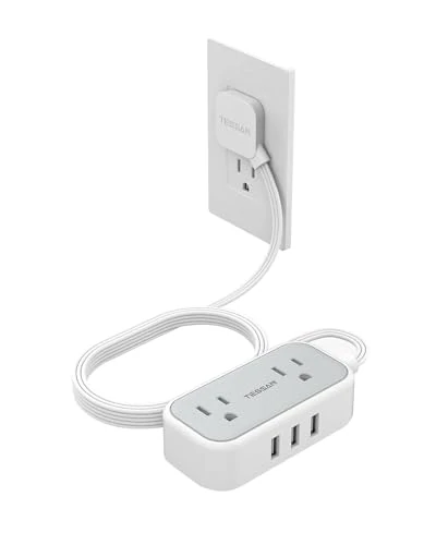 TESSAN Small Extension Cord 10 ft with 2 Outlets 3 USB Charger Ports, Flat Plug Power Strip