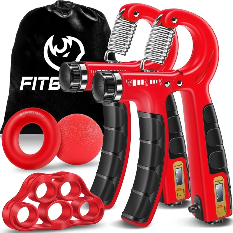 FitBeast Hand Grip Strengthener Workout Kit (5 Pack), 2 Forearm Grip Adjustable Resistance Hand Gripper, Finger Stretcher, Grip Ring & Stress Relief Grip Ball for Athletes, Crimson