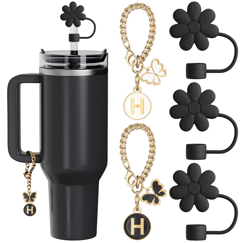 ANLABESY Compatible with Stanley Cup Accessories, 3PCS Black Straw Toppers for Stanley Cup Straw Cover Cap, 2PCS Cute Letter for 30&40 Oz Tumbler with Handle(H)