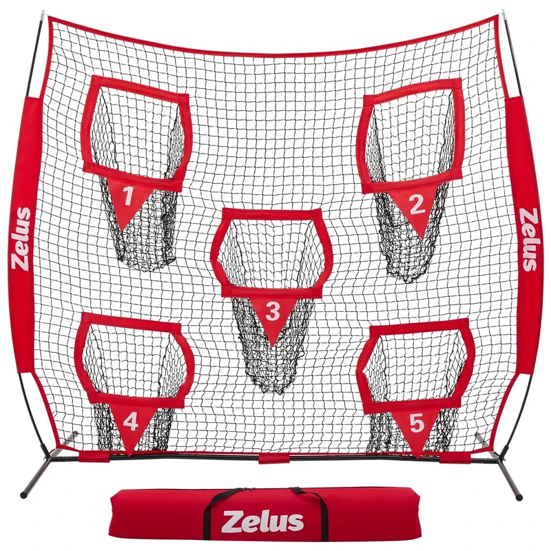 ZELUS 7 x 7ft Football Throwing Net, Quarterback Training Equipment with 5 Target Pockets, Football Practice Throwing Passing Accuracy Trainer with Carry Bag Ground Stakes for Kids Adults, Red