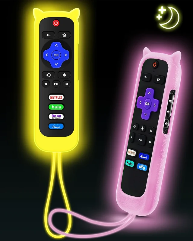 OneBom 2-Pack Cat Ears Roku Remote Cover - Glow Pink & Yellow
