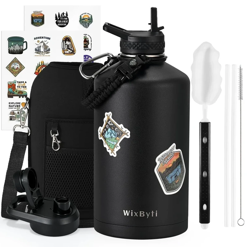 WixByti One Gallon Water Bottle Insulated, Triple Wall Vacuum Cold for 48 Hrs & Leak-proof & Non-BPA, 128oz Large Sports Stainless Steel Water Jug with Paracord Handle Straw Spout Lids & DIY Stickers