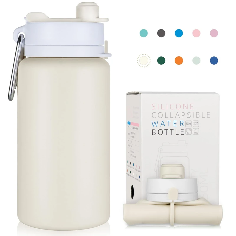 PLTCAT Collapsible Water Bottle, 19oz Foldable Water Bottle BPA Free Reusable Lightweight Leak-Proof Travel Silicone Water Bottle for Travel, Gym, Hiking, Office, Camping(Milk White)