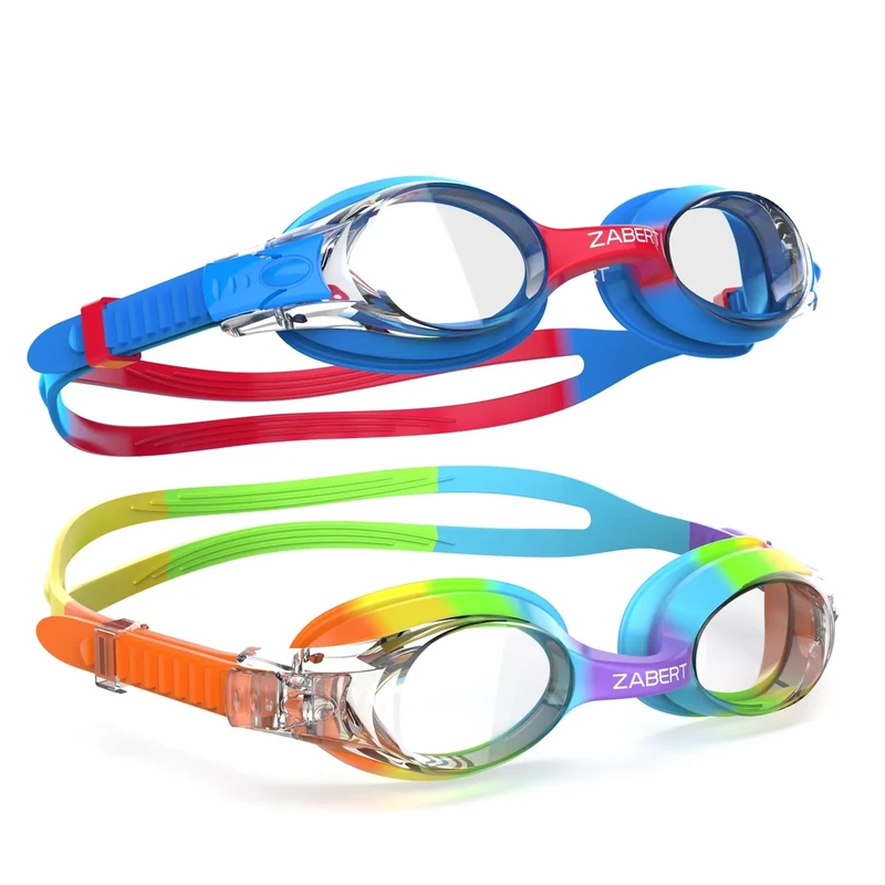 ZABERT 2 Pack Kids Swim Goggles, Swimming Goggles for Kids Girls Boys Toddler Youth Junior Jr Childrens Child Little Baby Age 3 4 5 6 7 8 9 10 11 12 Years Anti Fog Clear Rainbow Blue Red