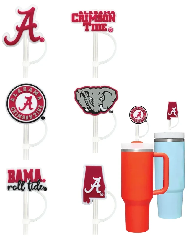 6 Alabama Crimson Tide Straw Covers (10 millimeter) Alabama Crimson Tide Gift for Men and Women Football Fans Fits Large Stanley Simple Modern 40oz Water Bottles (10 mm straw) (Alabama Crimson Tide)