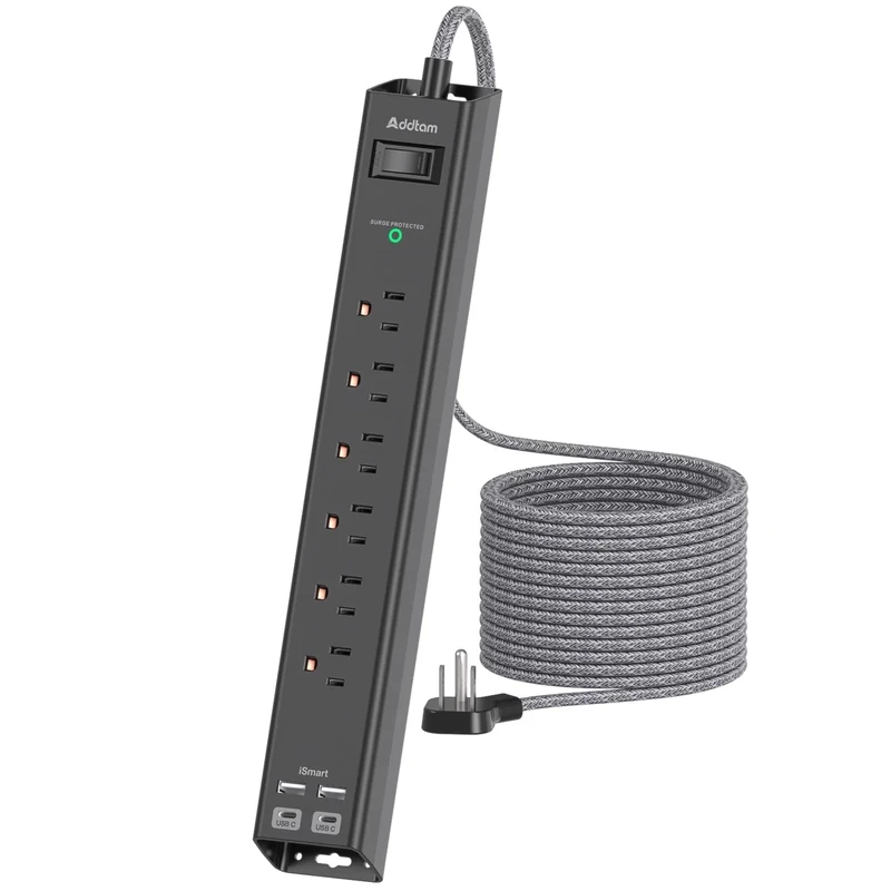 Addtam Flat Power Strip - 15ft Cord, 6 Outlets + 4 USB (2 USB-C)